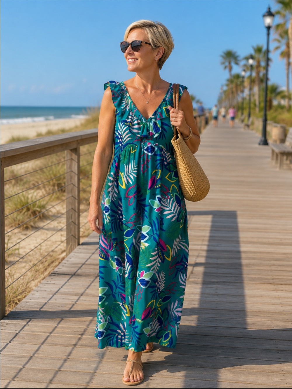 Gibsonlook Teal Tropical Leaf Print Dress with Colorful Accents. Size Medium.